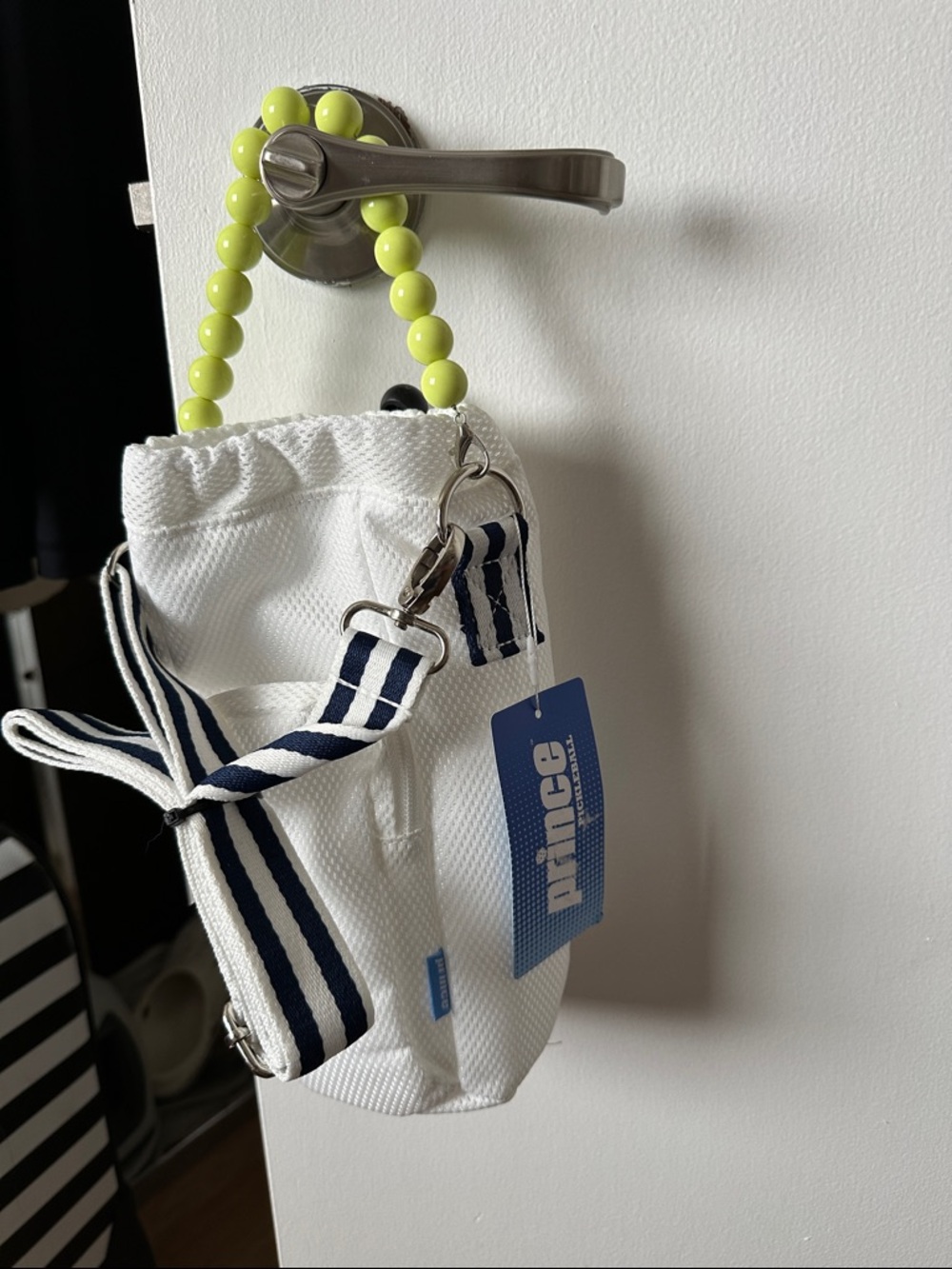 Prince White Mini Bag with Navy Striped Strap and Blue Logo Tag